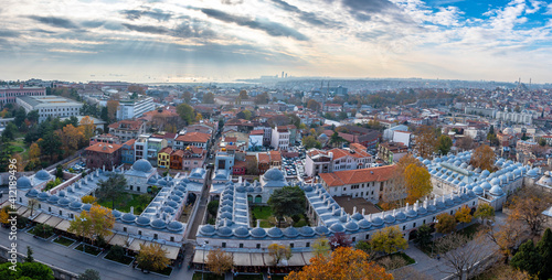 Suleymaniye Religious Complex and Suleymaniye District aerial view in Istanbul