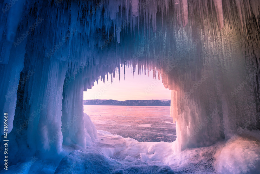 Inside the blue ice cave with couple love at Lake Baikal, Siberia, Eastern Russia.