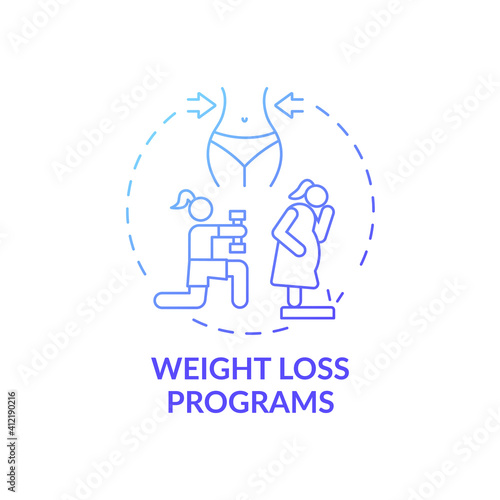 Weight loss programs concept icon. Online workout program idea thin line illustration. Burning belly fat. Improvements in blood pressure. Healthy routine. Vector isolated outline RGB color drawing