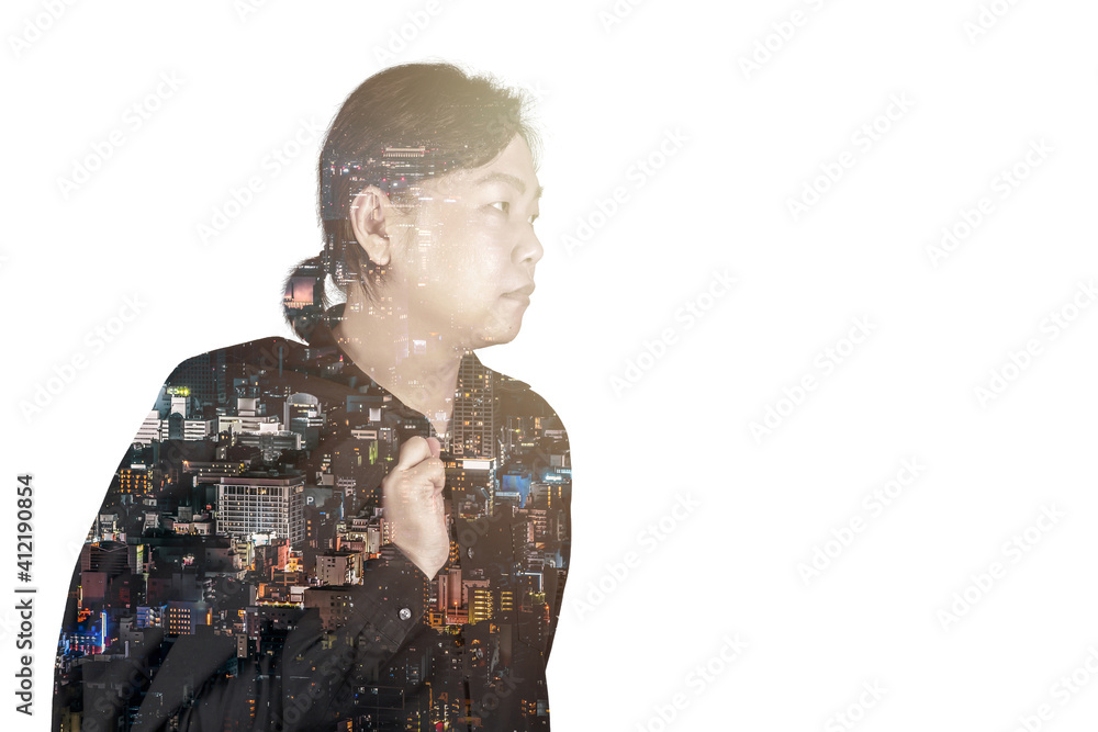 Asian Man in black suit in Multi Exposure Arial and capital building landscape effect. Asian Man in black suit in Multi Exposure Arial and capital building landscape effect.