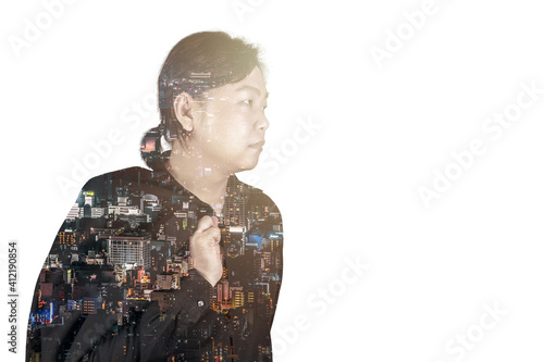 Asian Man in black suit in Multi Exposure Arial and capital building landscape effect.