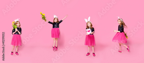 Collage of a Blonde Girl with Rabbit Ears and Flowers on a Pink Background.