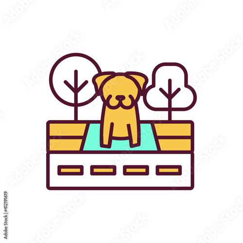 Animal abandonment RGB color icon. Pet left on sidewalk. Dog neglected and lost. Help for shelter. Adopt stray animal. Fostering puppy. Wildlife conservation. Isolated vector illustration