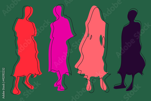 Abstract figures of females in flat and minimal style. Cartoon faceless characters in simple and colorful representation. Cute poster. Fictional fashion models posing in different clothes.  
