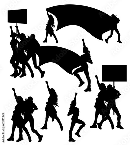 group of young women holding banners - human rights protestor black and white vector silhouette set