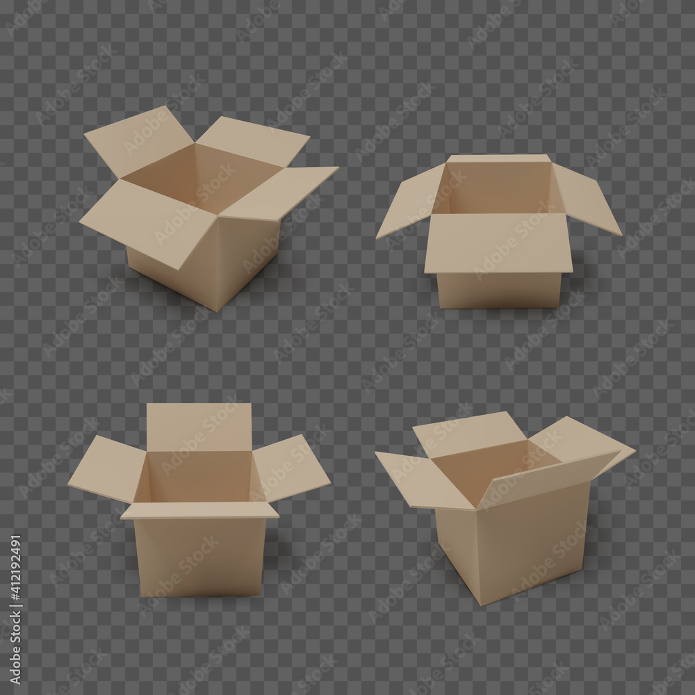 Set of boxes isolated on transparent background. Realistic collection of open package. Vector