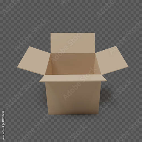 Open box front view. Empty paper parcel. Isolated realistic carton. Vector illustration