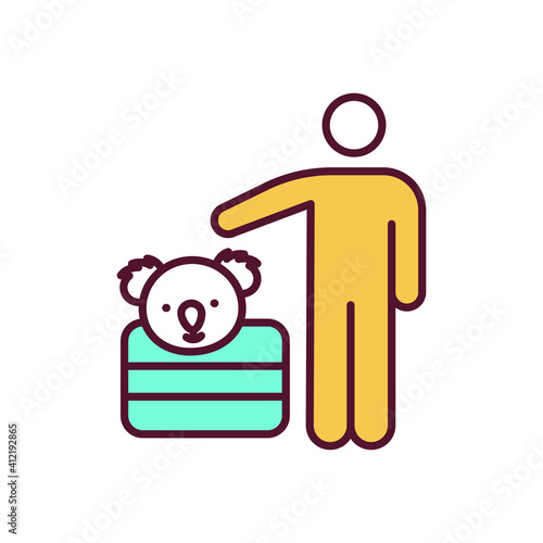 Animal trafficking RGB color icon. Capturing koala for illegal selling. Smuggling exotic wildlife for trade. Animal abuse and cruelty. Biodiversity damage from poaching. Isolated vector illustration