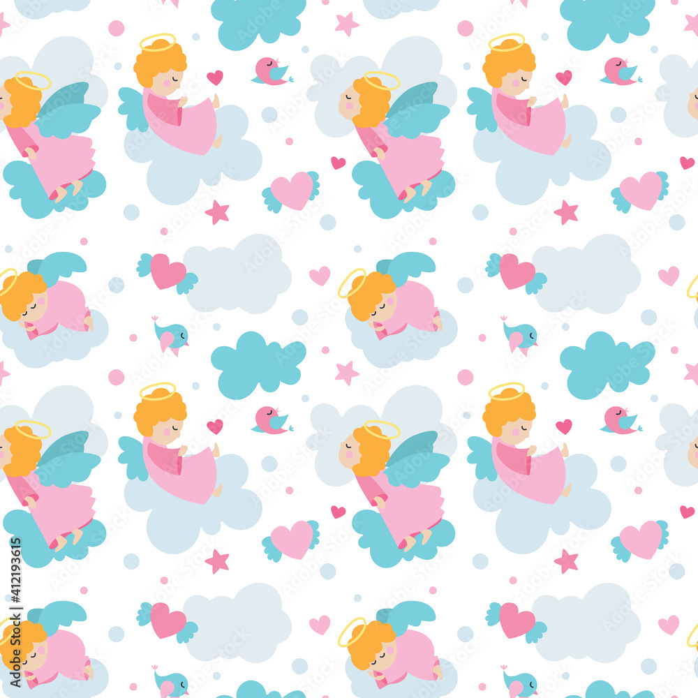 Seamless cute vector pattern with baby angels characters with wings, cloud, heart, star for kids
