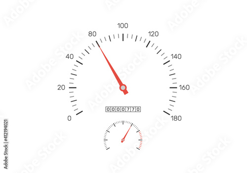 Realistic speedometer isolated on white background. Speedometer with red arrow and car odometer with motor miles or kilometers measuring the scale. Engine power concept. Vector illustration
