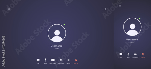 Interface of video call app. User icon, chat,  share content, mute, start video, record, end call buttons   Computer and mobile versions of interface. Vector illustration  
