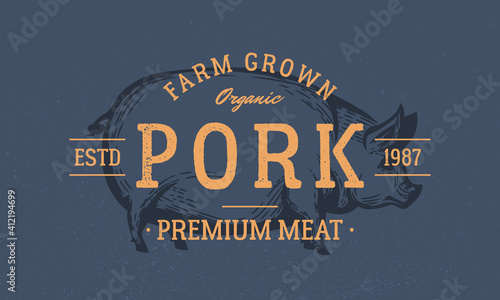 Pork logo. Pig isolated on dark blue background. Pig silhouette. Pork meat vintage logo. Emblem for butcher shop, steak house, restaurant. Vector illustration
