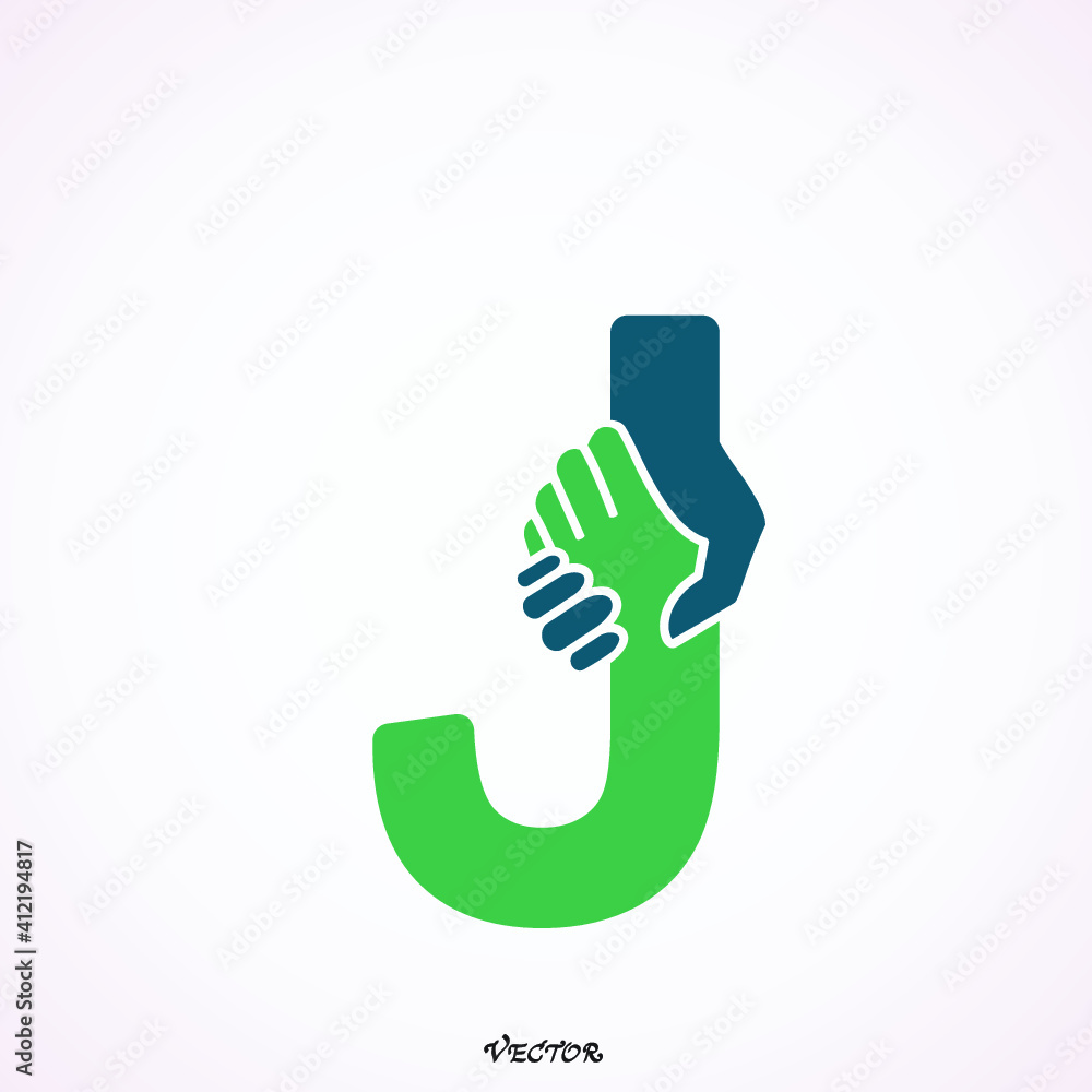 Creative handshake J- letter icon abstract logo vector design.Business offer,partnership icon.Corporate business and industrial logotype symbol.Vector illustration Creative handshake J- letter icon abstract logo vector design.Business offer,partnership icon.Corporate business and industrial logotype symbol.Vector illustration