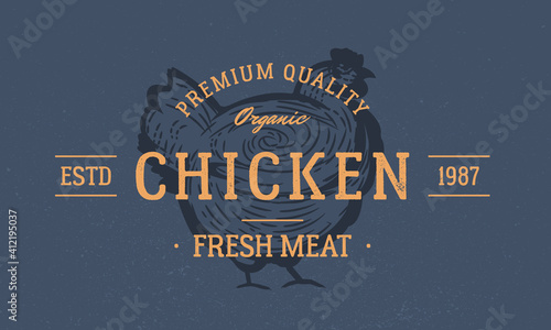 Chicken logo. Hen isolated on dark blue background. Hen silhouette. Chicken meat vintage logo. Emblem for butcher shop, steak house, restaurant. Vector illustration