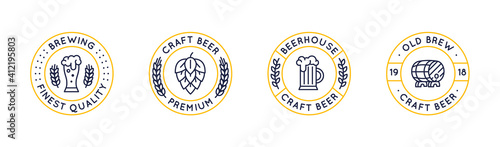 Set of 4 beer labels and logos. Circle vintage craft beer icons with glass, hop and barrel isolated on white background. Vector illustration 