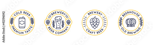 Set of 4 beer logos and labels. Circle vintage beer icons with glass, can, hop and barrel isolated on white background. Vector illustration 