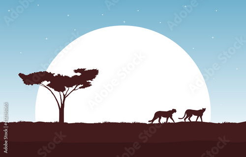 Cheetah in Big Sun Animal Savanna Landscape Africa Wildlife Illustration
