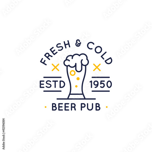 Fresh and cold beer icon, logo, badge, label. Beer Pub icon consists of glass, foam and date of establishment. Vector illustration 