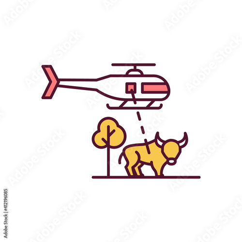 Hunting from vehicle RGB color icon. Poaching from aircraft. Animal abuse. Targeting bull. Aiming to shoot at bison. Wildlife conservation. Illegal hunting. Isolated vector illustration