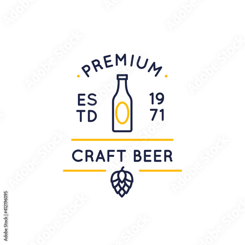 Craft beer icon, logo, badge, label. Premium Craft Beer icon consists of beer bottle, date of establishment and hop. Vector illustration