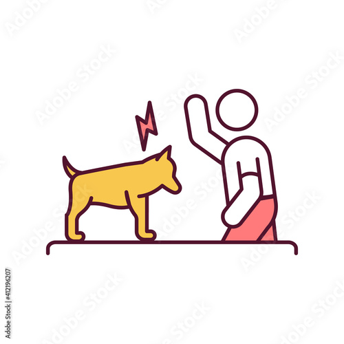 Pets abuse RGB color icon. Cruelty from owner, violence and harm to dog. Person scold and punish puppy. Animal rights and welfare, protection from abuse. Isolated vector illustration