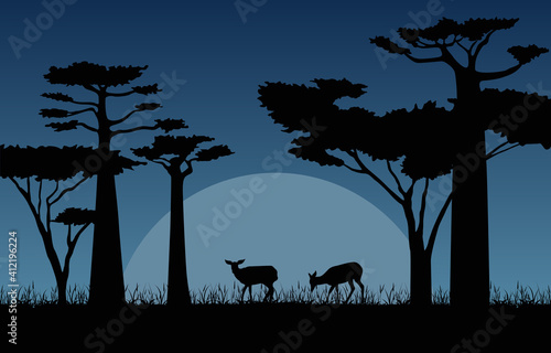 Deer in Dark Night Savanna Landscape Africa Wildlife Illustration