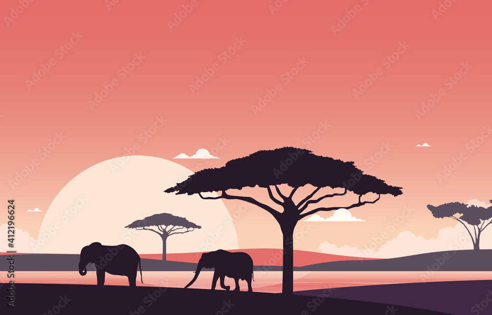 Elephant Sunset Animal Savanna Landscape Africa Wildlife Illustration