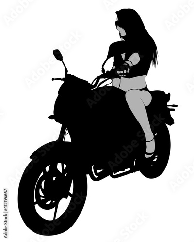 Beauty women on sports motorcycle. Isolated silhouette on a white background