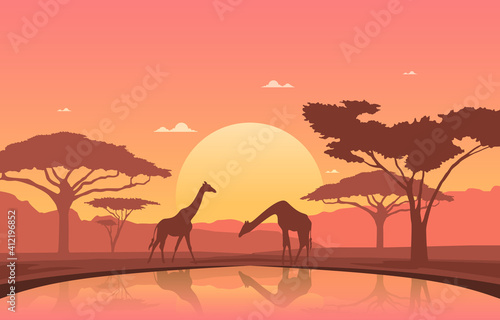 Wallpaper Mural Giraffe Sunset Oasis Animal Savanna Landscape Africa Wildlife Illustration