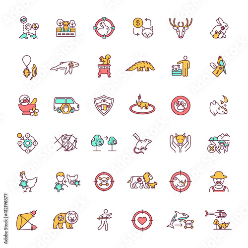 Animal abuse and wildlife conservation RGB color icons set. Global biodiversity. Illegal hunting and poaching. Violence against pets. Nature protection. Isolated vector illustrations