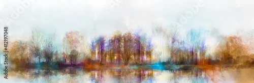 Panel kuchenny z motywem Illustration painting colorful autumn, summer season nature background. Abstract art image of forest, tree with yellow, red leaf, blue cloud in sky and lake with watercolor paint. Outdoor landscape