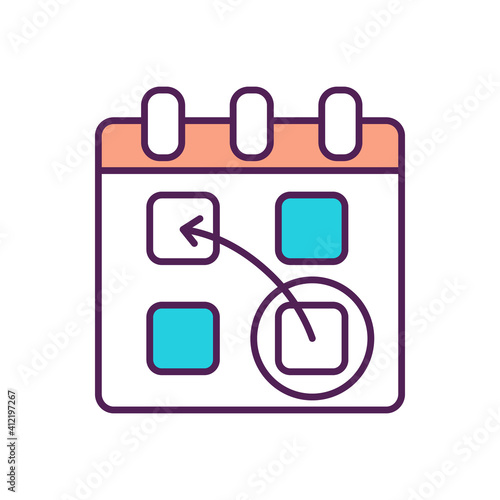 Monthly schedule RGB color icon. Change date of appointment. Business planner. Reminder for deadline. Marked day in journal. Plan in advance. Reschedule event. Isolated vector illustration