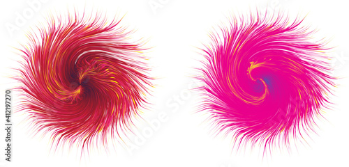 Fur twirl vortex abstract art object . Big fuzzy magic sphere flower like in red and pink color on white background for various artistic purpose
