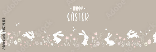 Cute hand drawn Easter horizontal design with bunnies, flowers, easter eggs, beautiful background, great for Easter Cards, banner, textiles, wallpapers - vector design