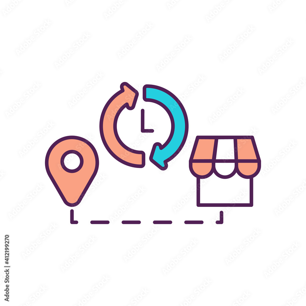 24 7 shipment from warehouse RGB color icon. Goods delivery. Shipping from store. Logistic for order distribution. Smart shopping. GPS mark for destination. Isolated vector illustration