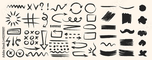 Various hand drawn arrows and shapes, black sketchy lines, curves, doodle direction pointers brush stroke style. Abstract vector set