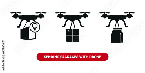 Vector image. Icon of a drone delivering packages.