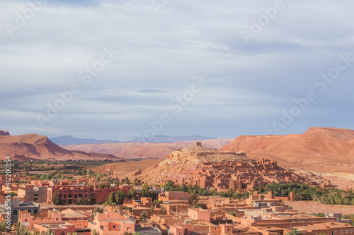 Landscape view of old town Ait Benhaddou, Morocco a historic fortified village, noted for its ancient clay earthen architecture.