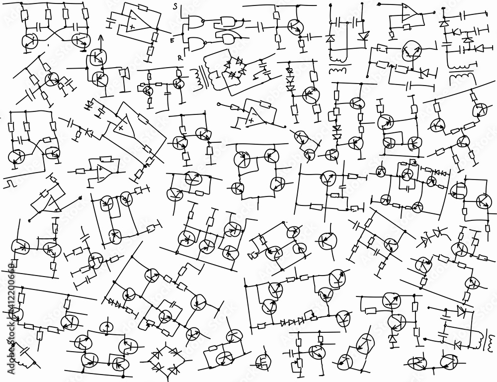 Hand drawn electronic circuits, abstract electrical engineering background