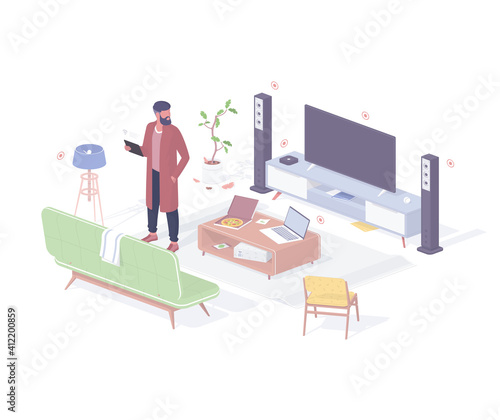 Man resting after work in smart home realistic isometry. Male character in robe and tablet testing home theater.