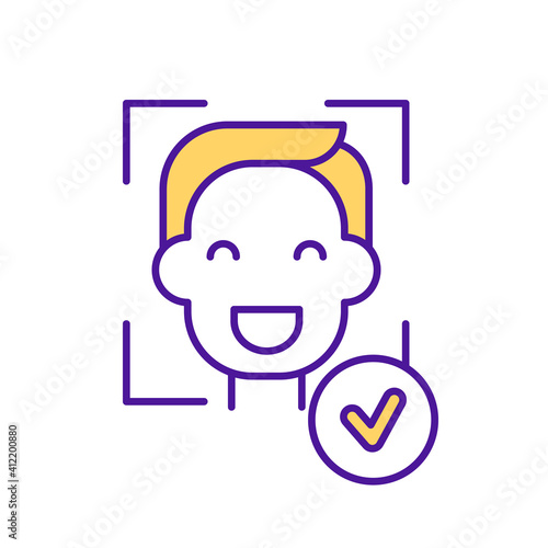 Recognize face RGB color icon. Facial recognition. Smart scanning system. Identity verification. Identification and authorization. Early childhood development. Isolated vector illustration