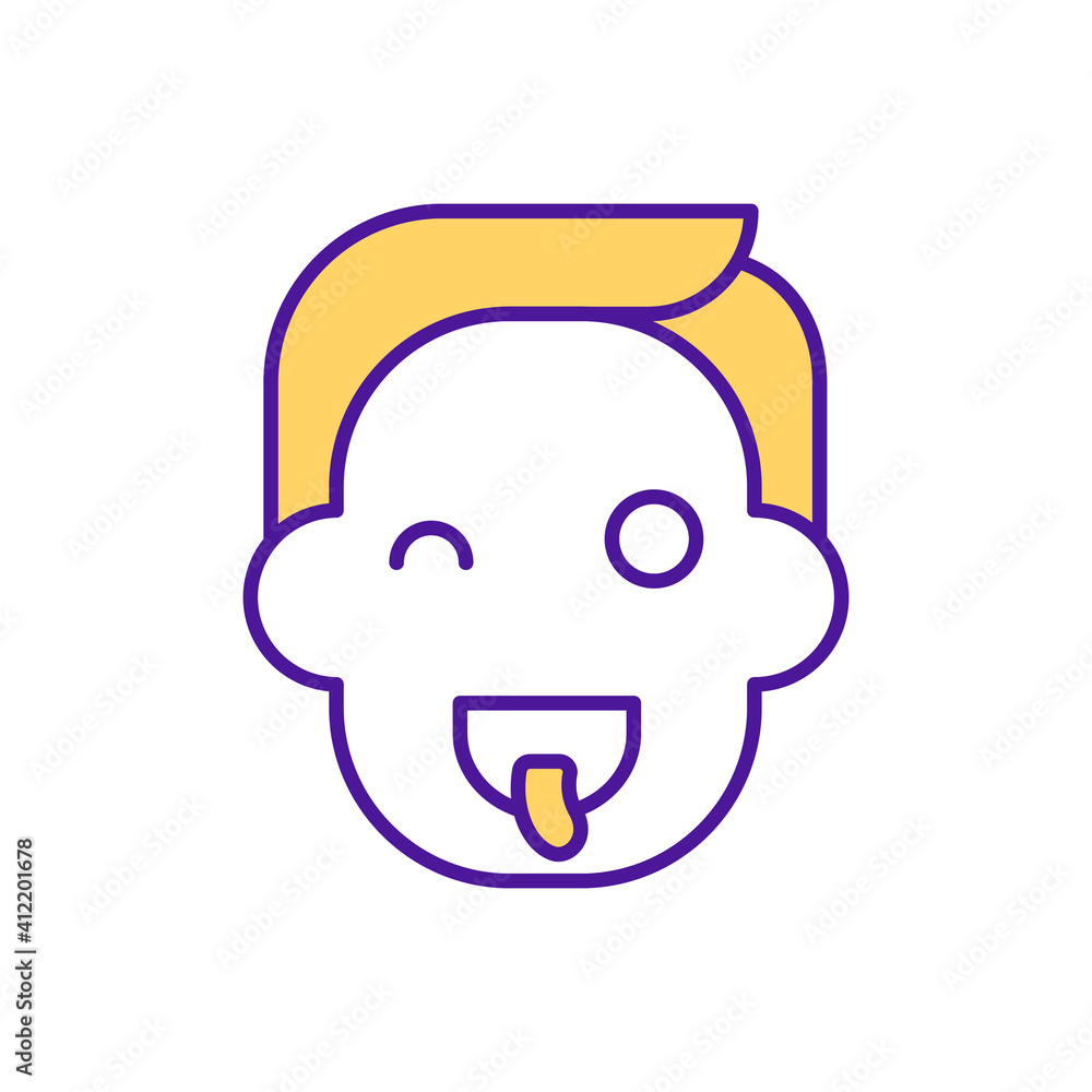 Entertainment RGB color icon. Boy having fun. Man showing tongue. Playing games. Child mocking and teasing. Preschool leisure time. Early childhood development. Isolated vector illustration Entertainment RGB color icon. Boy having fun. Man showing tongue. Playing games. Child mocking and teasing. Preschool leisure time. Early childhood development. Isolated vector illustration