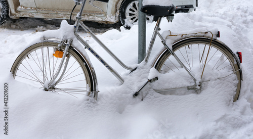 Bicycle buried in snow, extreme snowfall in Hessen and Niedersachsen Germany