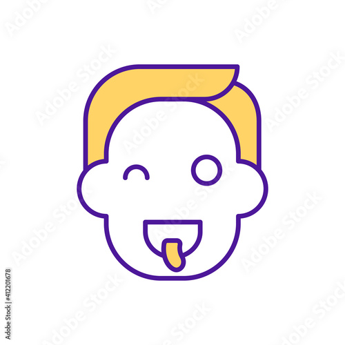 Entertainment RGB color icon. Boy having fun. Man showing tongue. Playing games. Child mocking and teasing. Preschool leisure time. Early childhood development. Isolated vector illustration