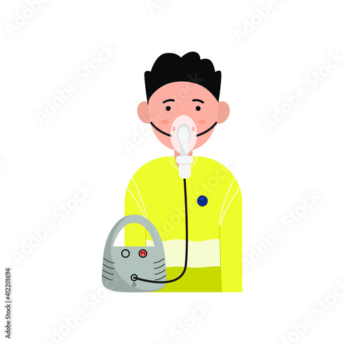 Nebulizer therapy, inhalation, the boy is breathing into a nebulizer. Covid treatment. Cough treatment. Vector illustration