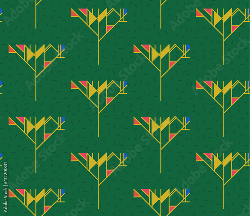 Spring seamless geometric pattern with the image of trees, forests, triangles. Vector design for web banner, business presentation, brand package, fabric, print, wallpaper, postcard.