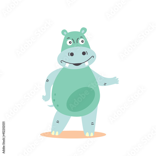 Cute hippo presenting with her hand. Big vector animal character design