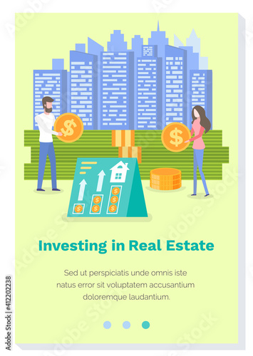 Investing in a real estate landing page template. Business website interface layout. Stock market trading, project management web banner. People work in business to attract real estate investors
