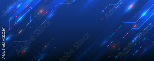 Wide background with various technological elements. Hi-tech computer digital technology concept. Abstract technology communication. Neon glowing lines. Speed and motion blur over dark  background.  photo