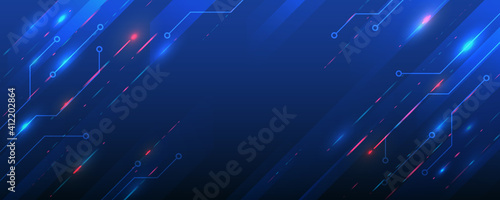 Wide background with various technological elements. Hi-tech computer digital technology concept. Abstract technology communication. Neon glowing lines. Speed and motion blur over dark  background. 
